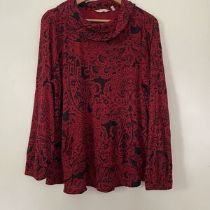Soft Surroundings L Red Black Waffle Knit Thermal Cowl Neck Top Paisley Asian